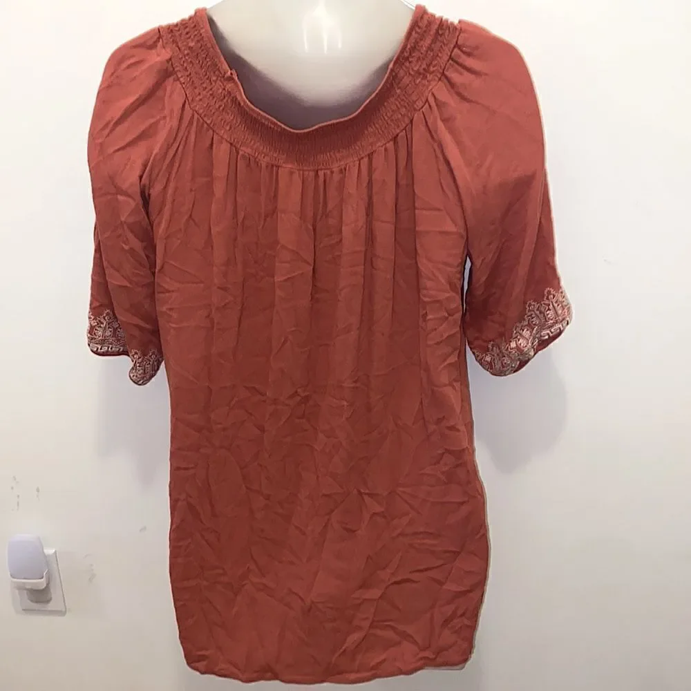 Tantrums Burnt Orange Embroidered Tunic Boho Hippie Shirt Top size XL